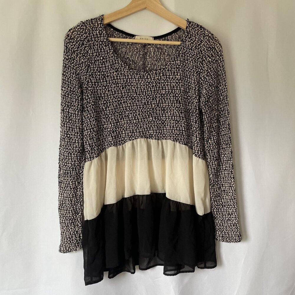 Entro black and white knit chiffon long sleeved sweater top casual women size S